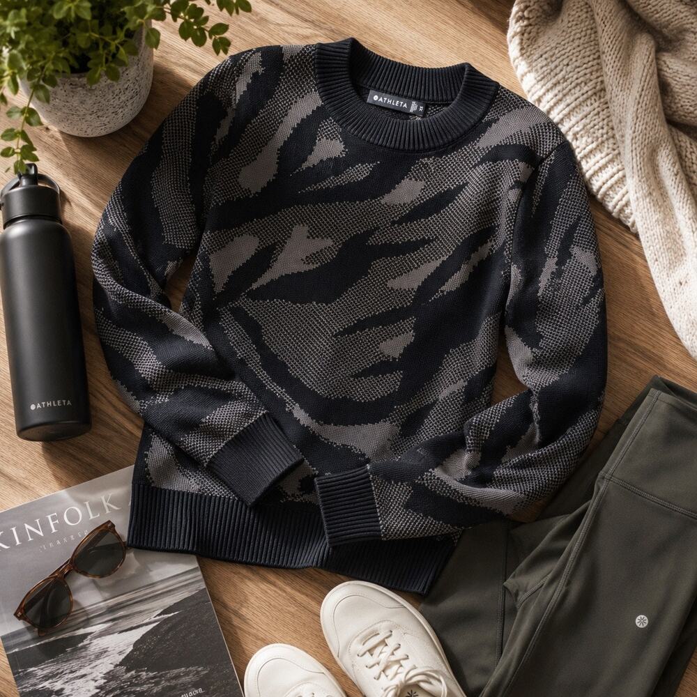 Athleta Merino Wool Camo Crewneck Sweater XS Gray‎ Black Retired